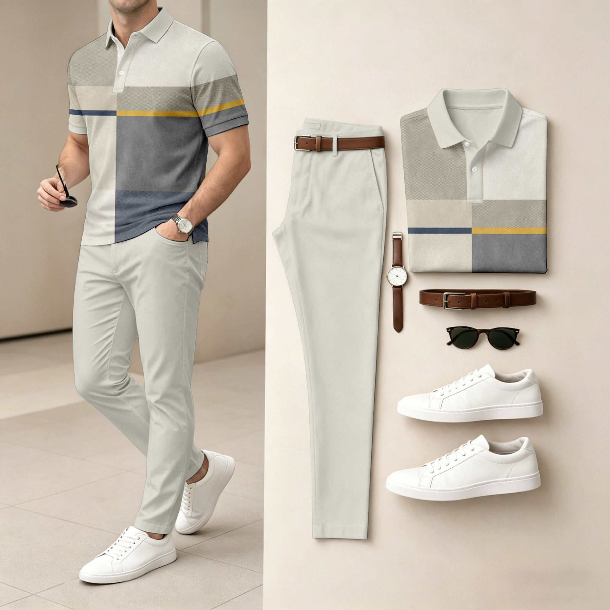 Conjunto de dos piezas casual Gray Geometry estampado camisa polo And pantalón para hombre