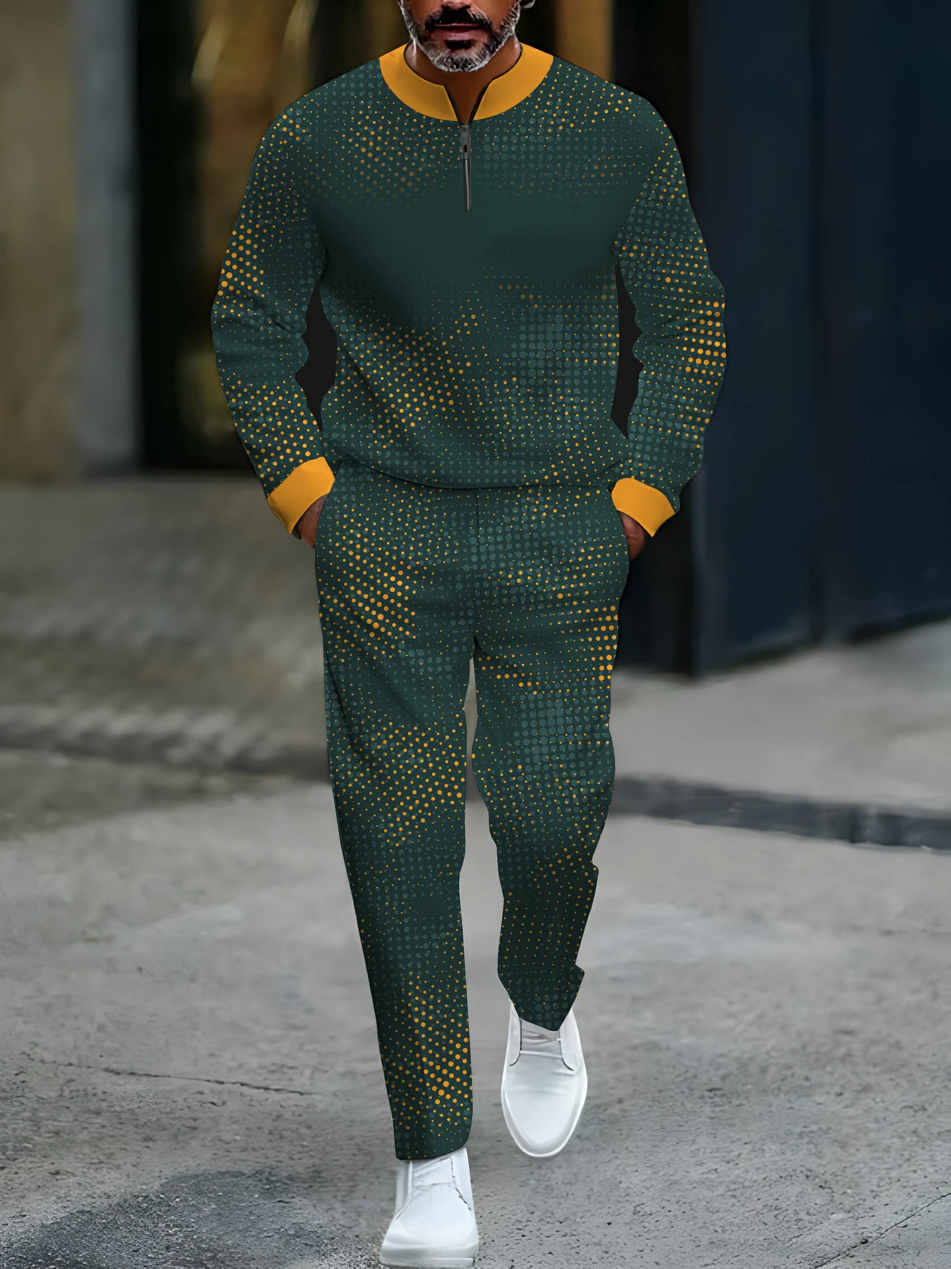 Conjunto de dos piezas casual Green & Yellow Color Matching Gradient Polka Dots estampado Round-Neck Zipper de manga larga Tops & Trousers para hombre