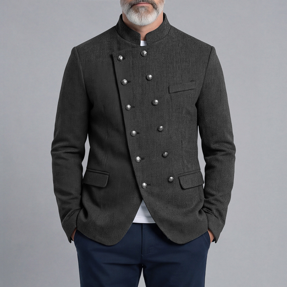 Double-Breasted Slim-Fit Stand-Up Collar Suit with Diagonal Placket para hombre