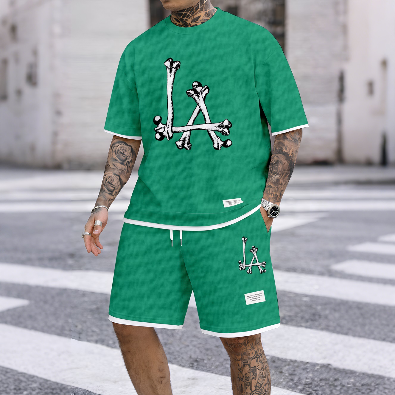 Camisa Streetwear Skeleton estampado Waffle Fabric de manga corta And shorts Set para hombre