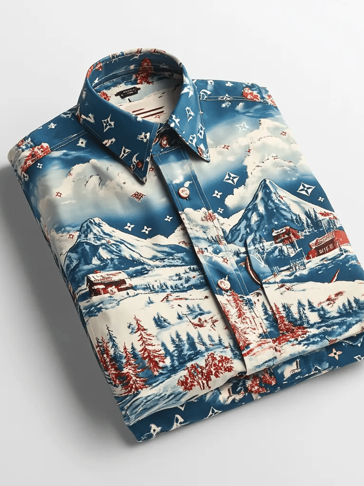 Camisa de lujo Romantic Contrast Color estampado de manga larga para hombre