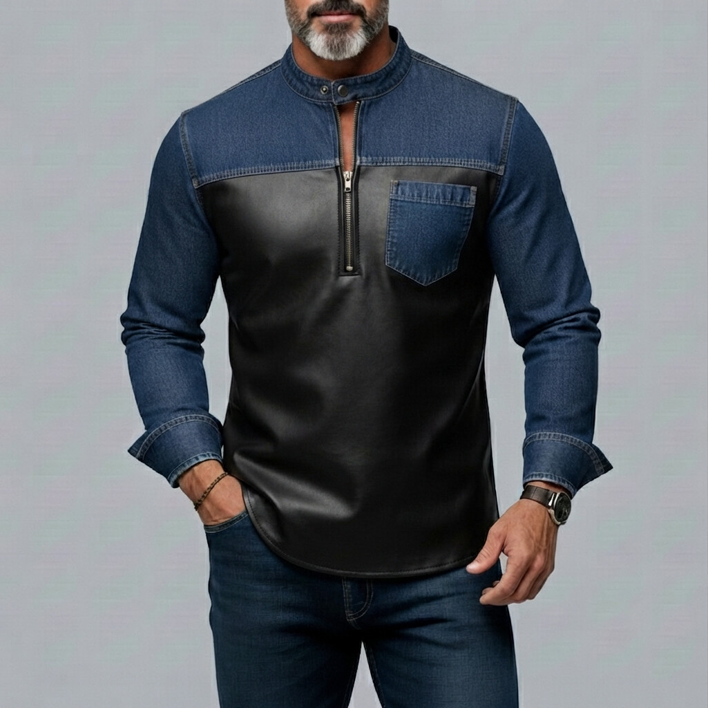 Denim PU Leather Patchpara trabajo Stand Collar Half Zip Chest Pocket Slim Ficamiseta para hombre