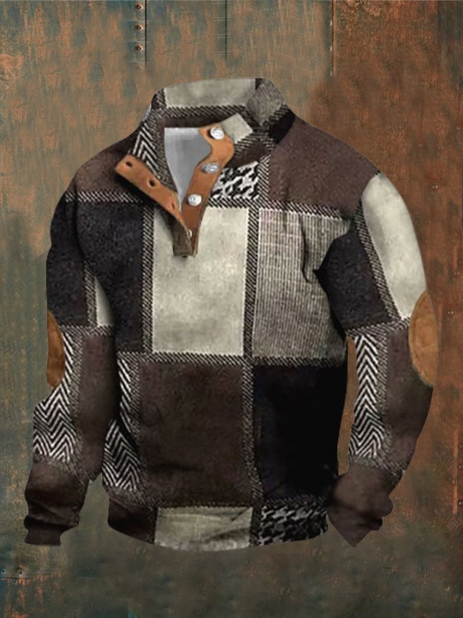Sudadera retro a cuadros estampado Standing cuello casual para hombre
