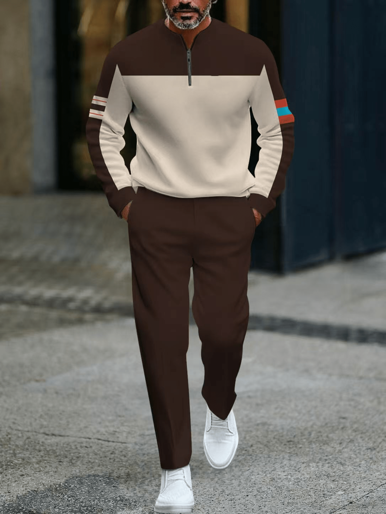 Conjunto de dos piezas casual Color Matching estampado Round-Neck Zipper de manga larga Trousers Coffee para hombre