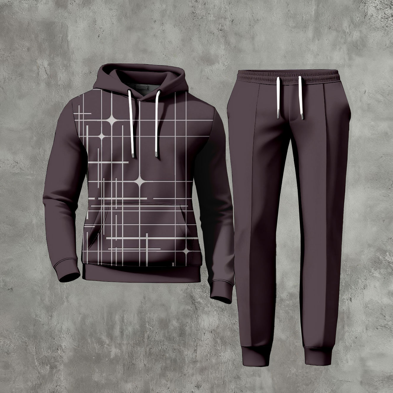 Conjunto de dos piezas casual Checked estampado de manga larga sudadera con capuchas sudadera & Trousers Dark Brown para hombre