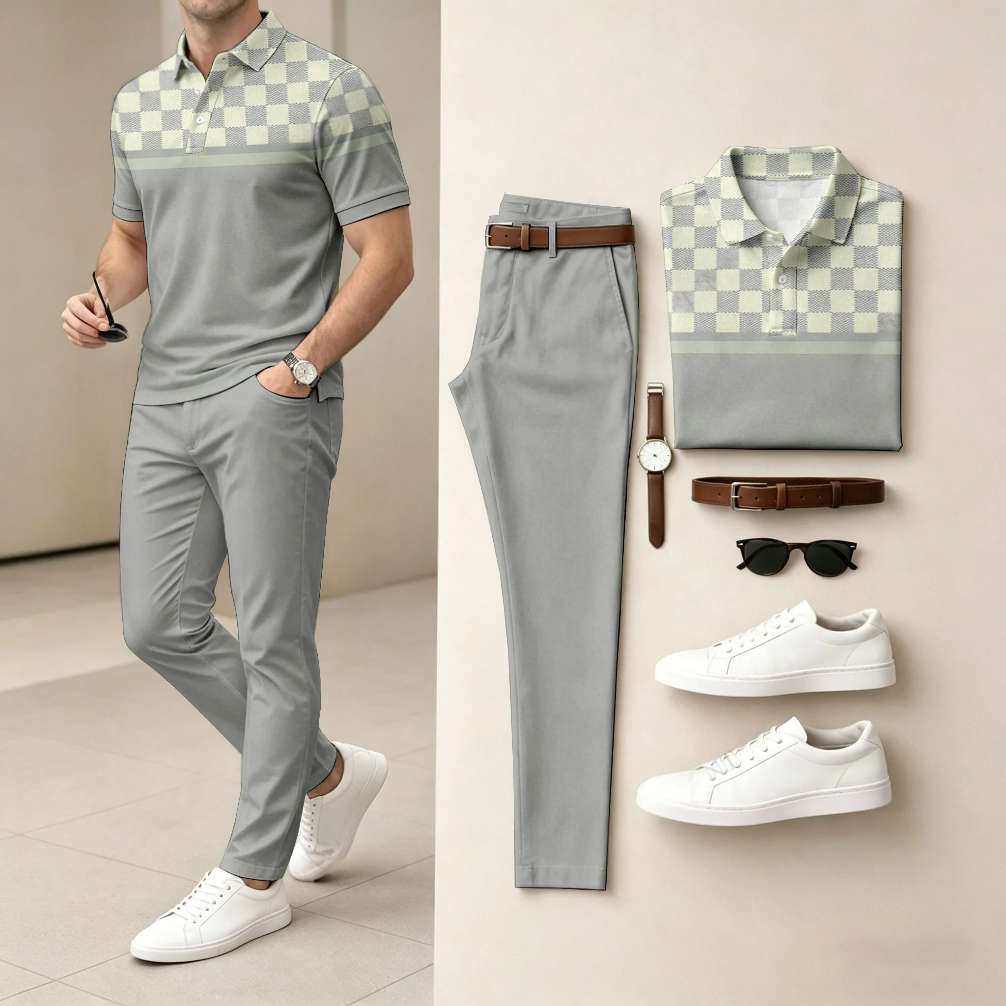 Conjunto de dos piezas Light And Mature Style, Simple Color Matching de manga corta camisa polo & pantalón para hombre