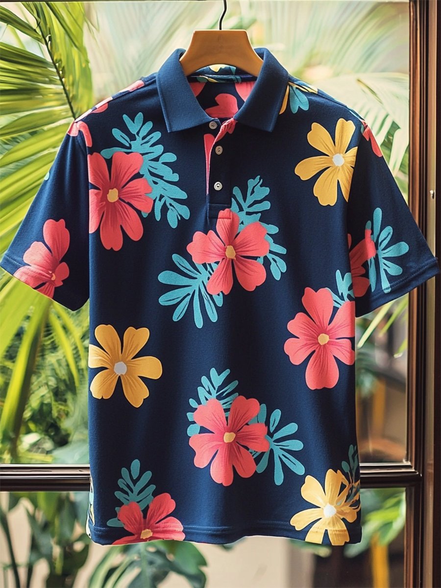 Camisa polo casual Festive floral estampado Button de manga corta para hombre