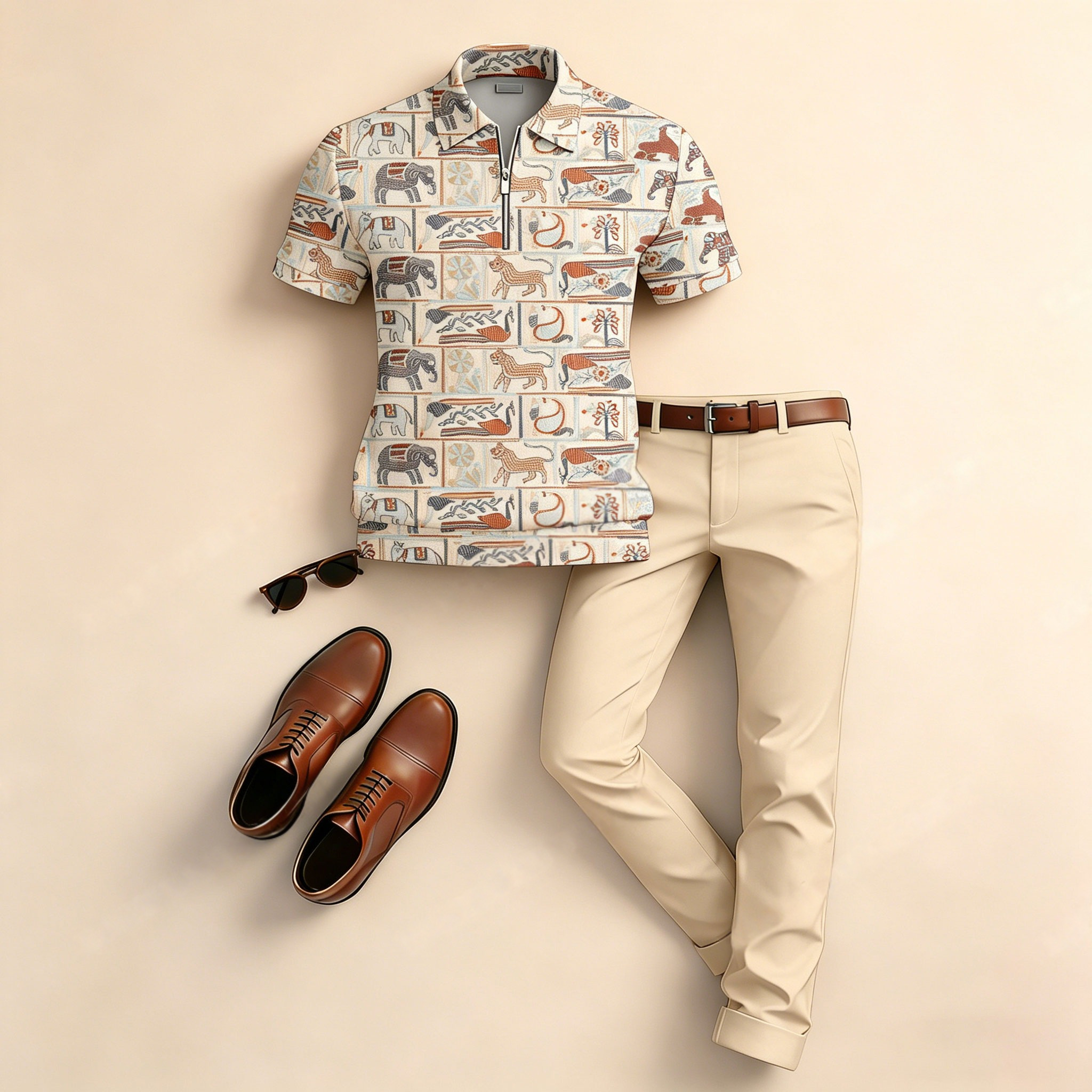 Camisa polo casual Color-Blocked Cat And Elephant estampado de manga corta And pantalón Set para hombre