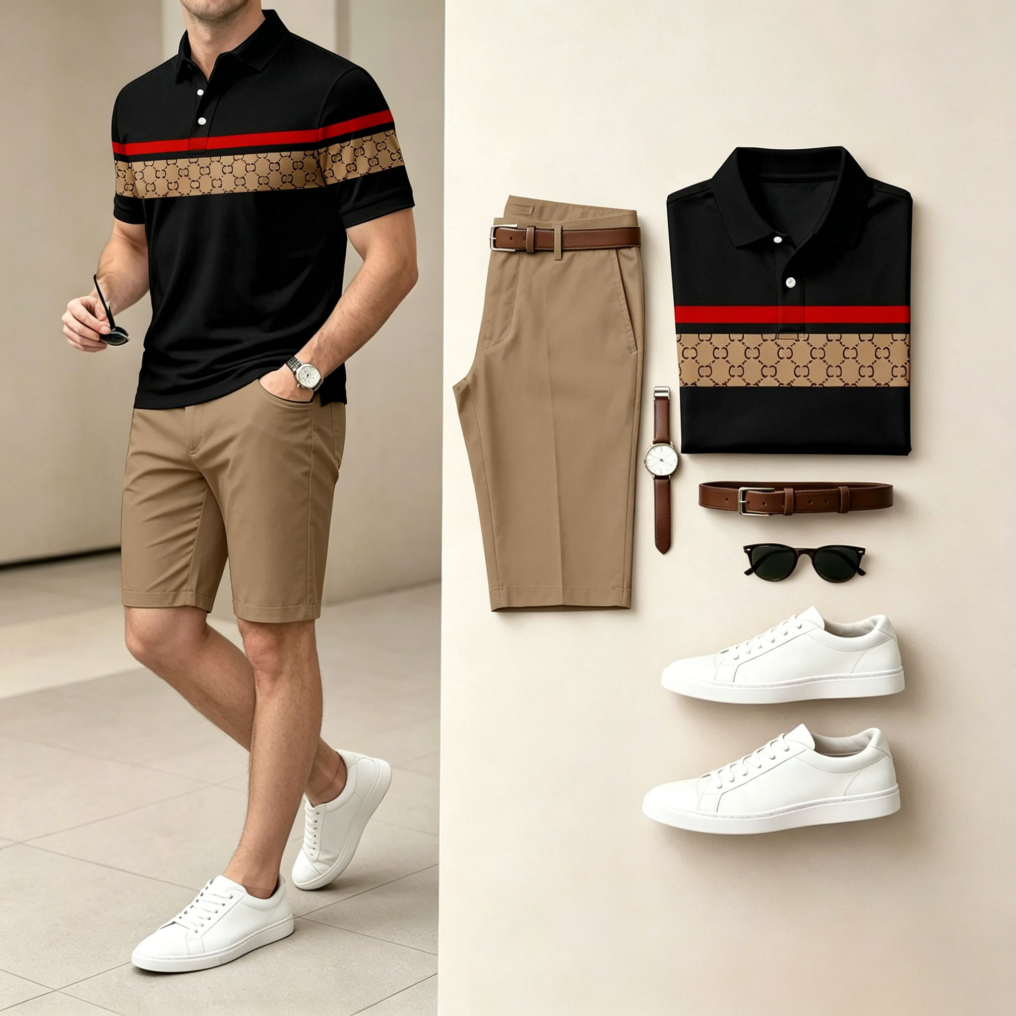 Conjunto de dos piezas casual Black And Brown Color Spliced rayas camisa polo & shorts para hombre