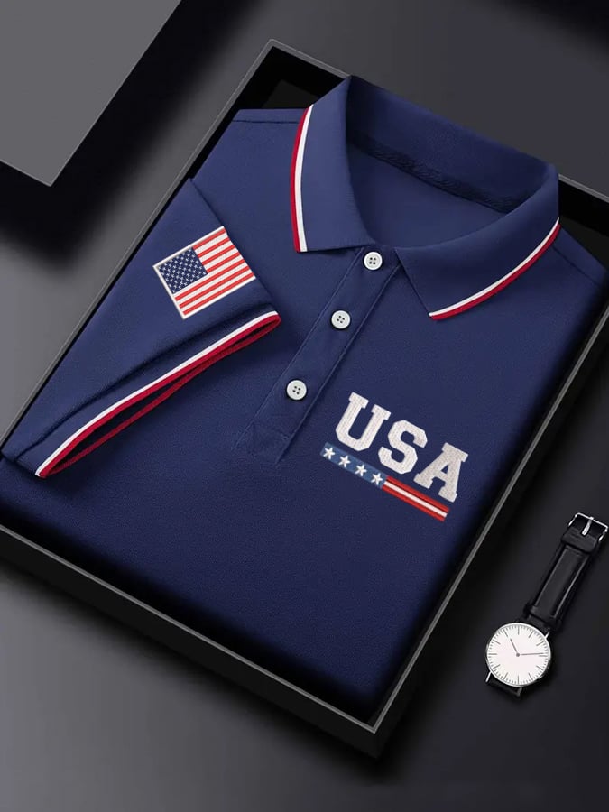 Camisa polo Independence Day Flag estampado casual para hombre
