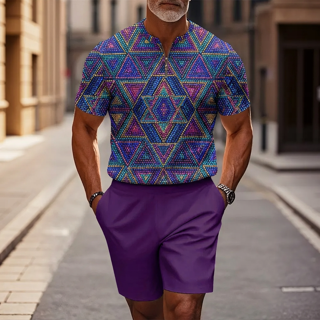Conjunto de dos piezas casual Purple Geometry estampado Half-Zip de manga corta camiseta And shorts para hombre