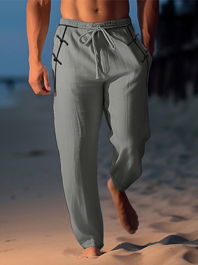 Pantalón retro de color sólido Design Elastic Waist Lace-Up casual para hombre