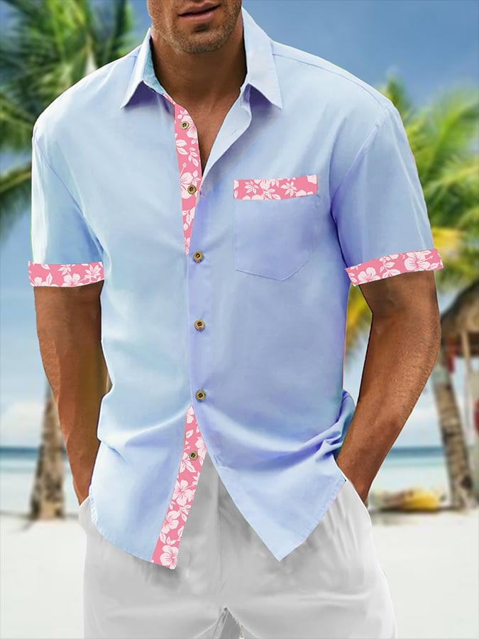 Camisa Resort Style Contrast estampado casual de manga corta para hombre