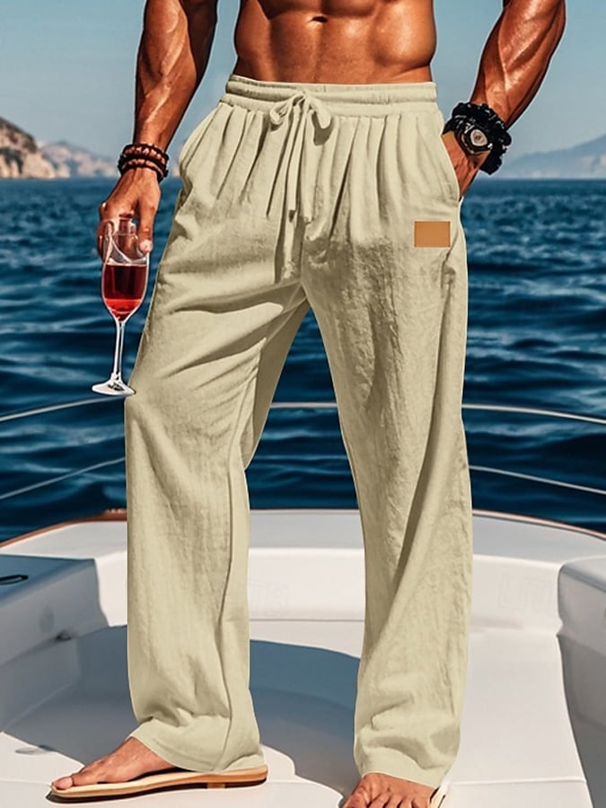Pantalón Drawstring Elastic Waist Straight de color sólido Comfortable And transpirable para exterior Vacation Beach Vacation casual para hombre