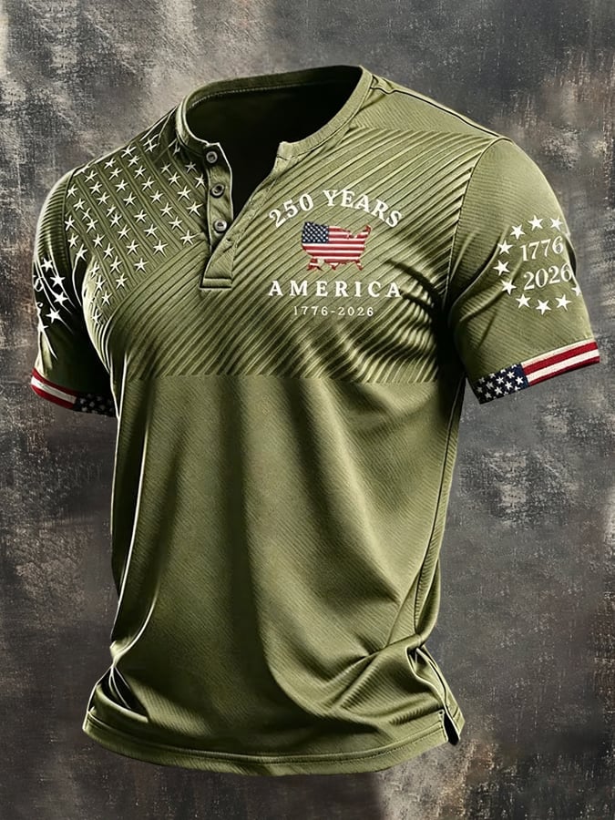 Camisa retro Patriotic Color-Block de manga corta Henley para hombre