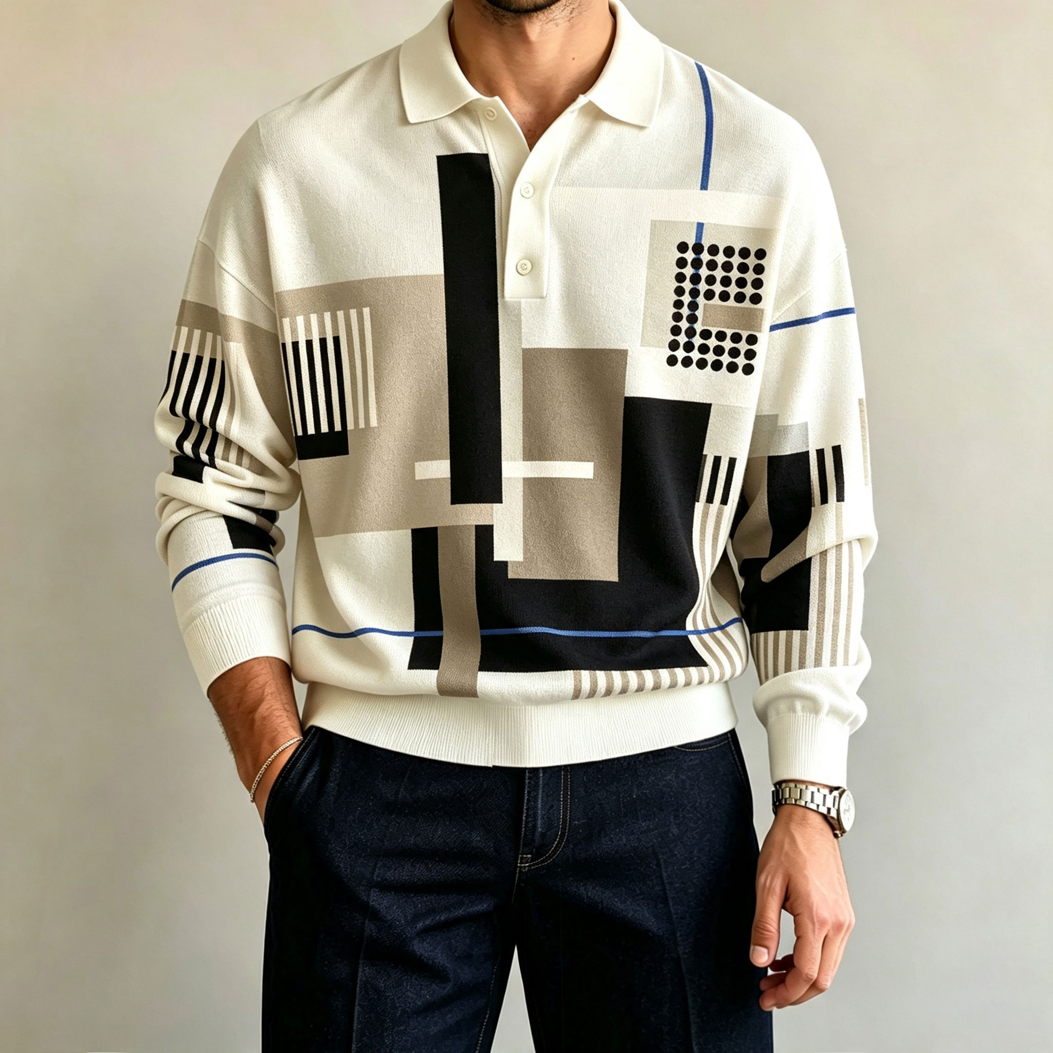 para hombre Two-Tone de manga larga camisa polo