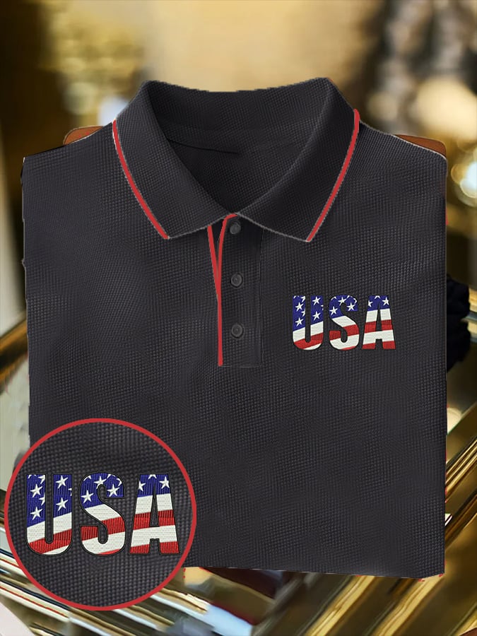 Camisa polo Usa Independence Day estampado Waffle casual para hombre