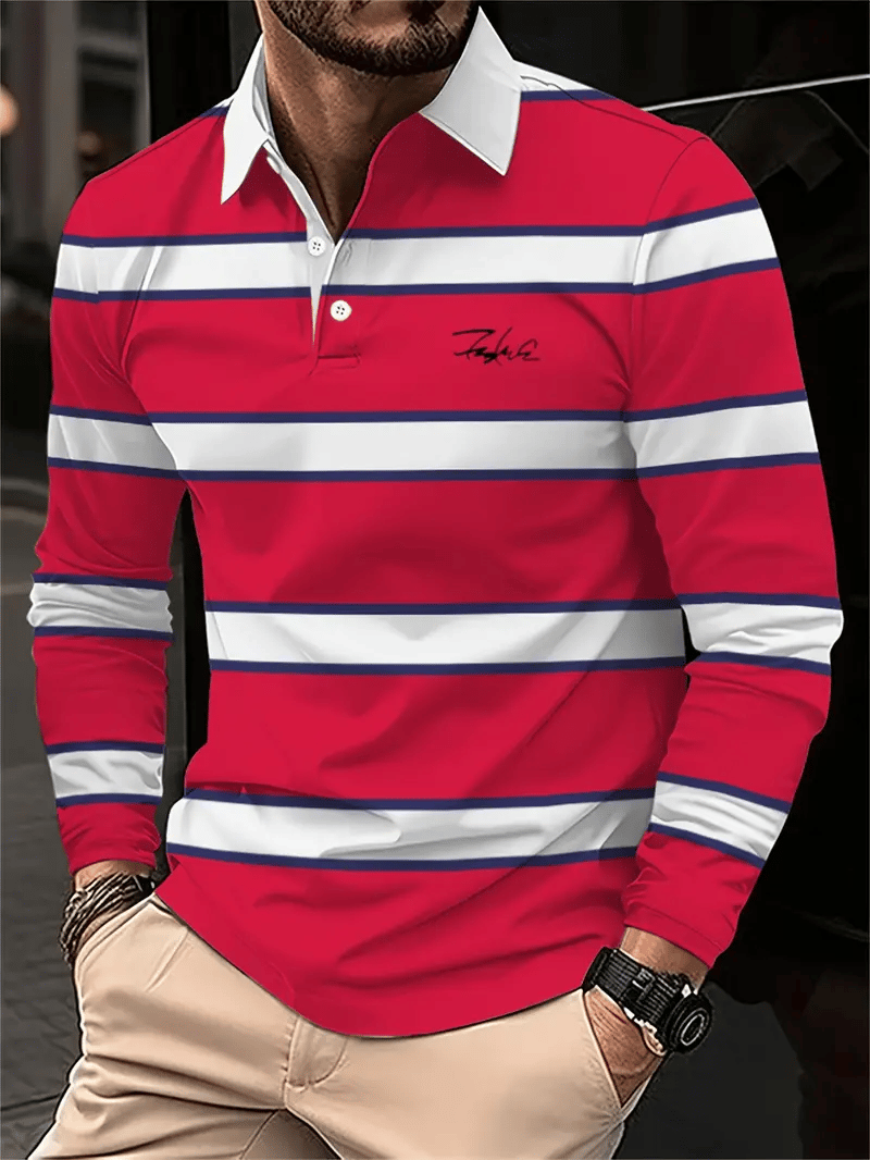 Camisa polo ejecutivo casual a rayas de manga larga para hombre