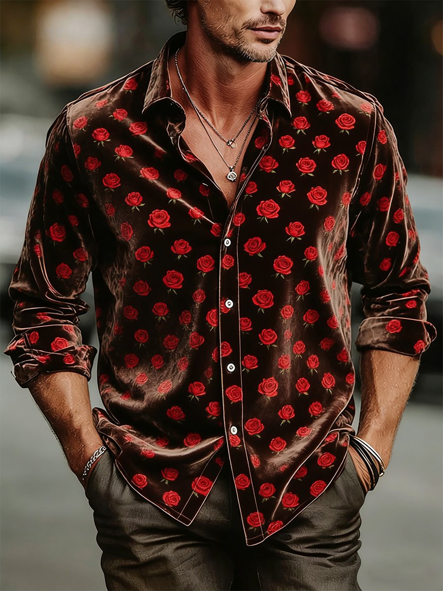 Camisa de lujo Party Rose estampado terciopelo de manga larga para hombre