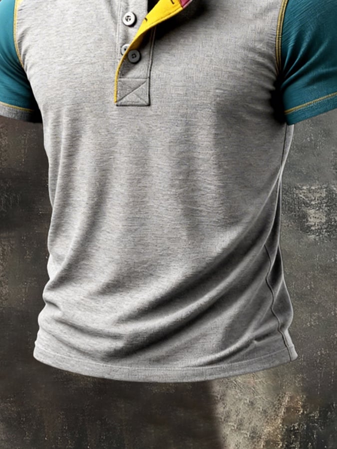 Retro Patchpara trabajo en bloques de color Henley cuello de manga corta Top para hombre