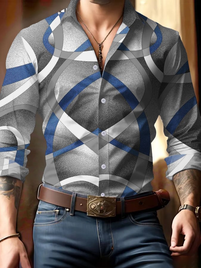 Camisa ejecutivo casual geométrico estampado de manga larga para hombre