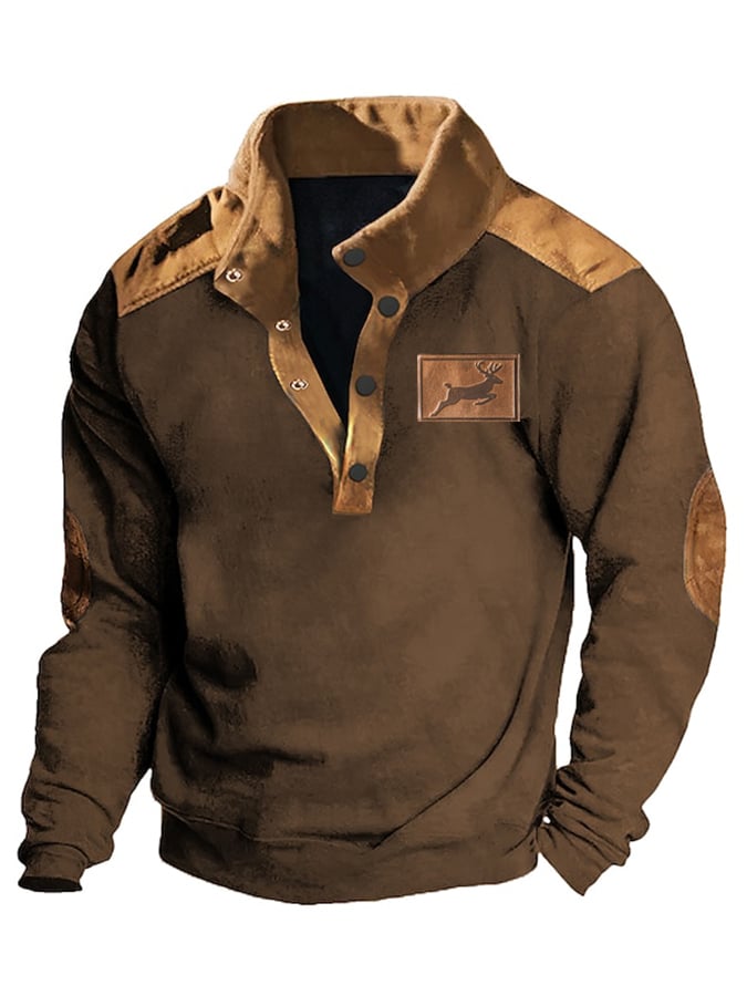 Sudadera Western Style Elk estampado Deerskin terciopelo Patchpara trabajo Stand-cuello para hombre