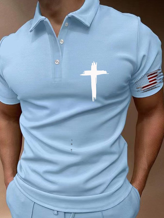Camisa polo Flag Cross estampado Button casual para hombre