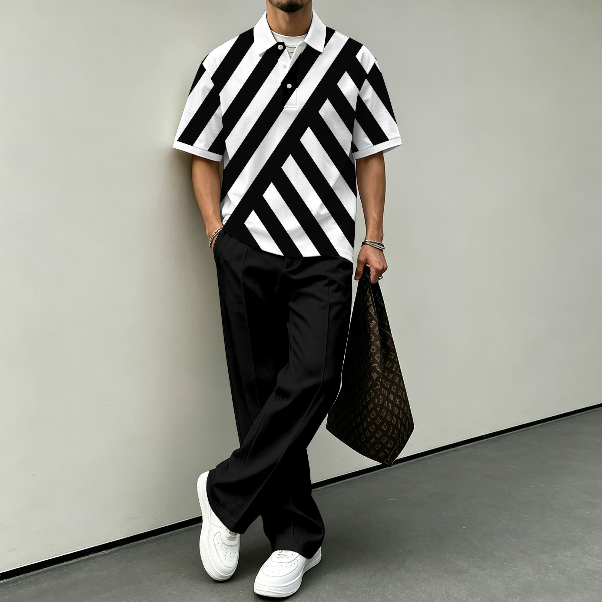 para hombre Diagonal-a rayas de manga corta camisa polo and pantalón Set