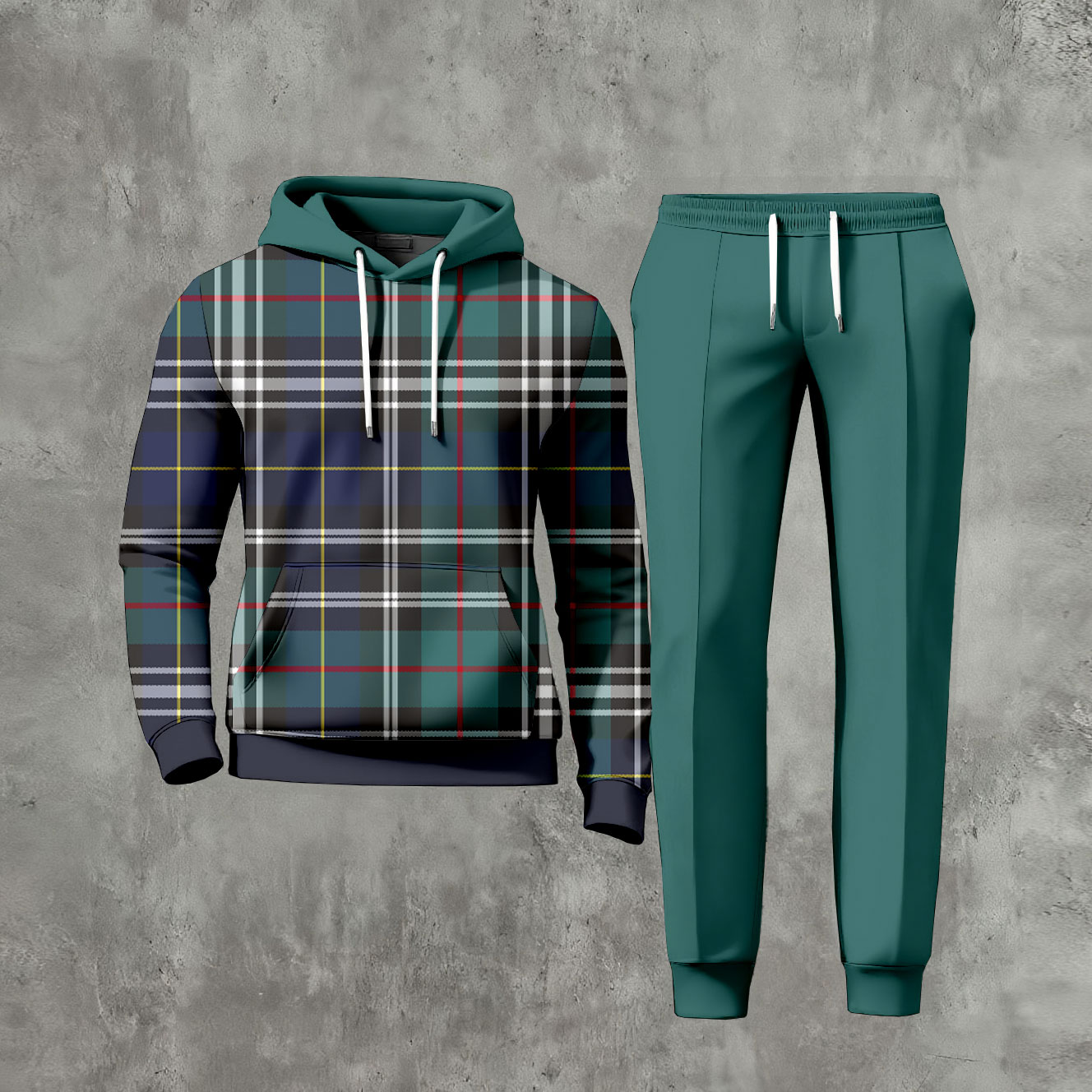 Conjunto de dos piezas casual Color Matching Checked estampado de manga larga sudadera con capuchas sudadera & Trousers Dark Green para hombre