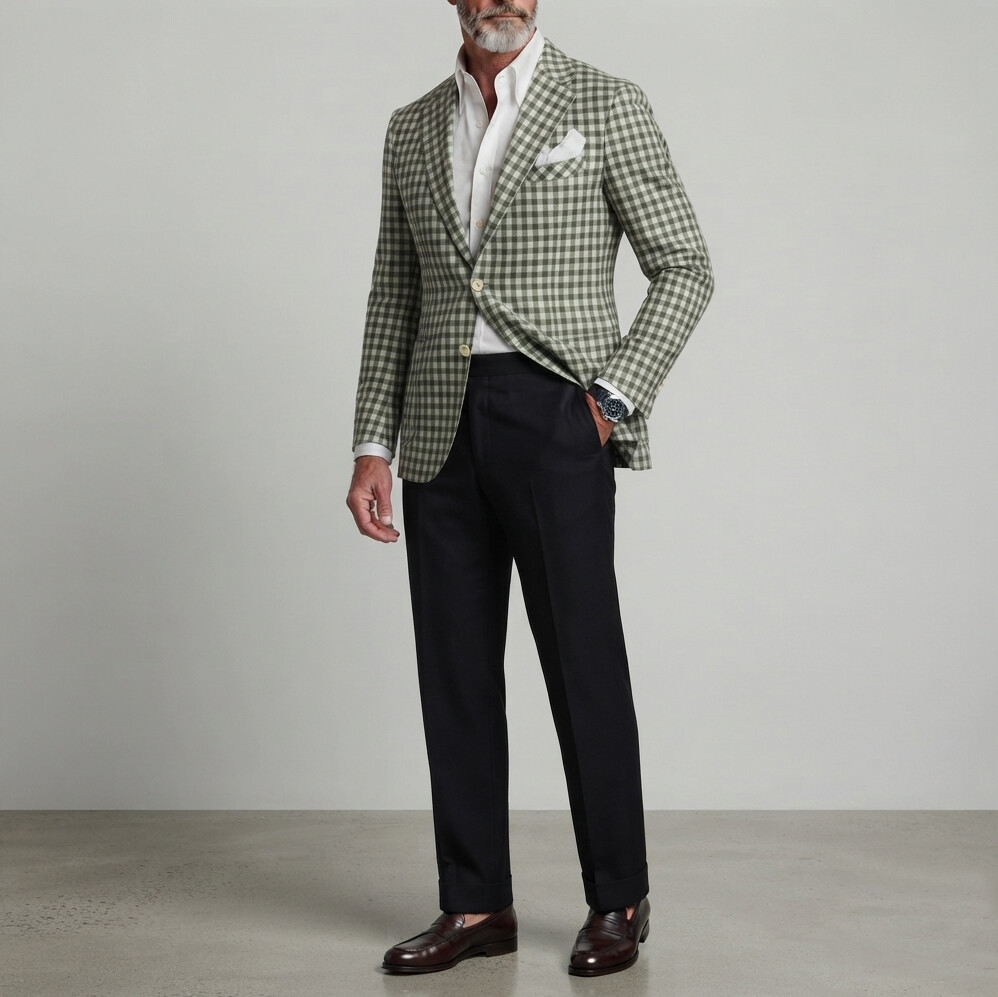 para hombre clásico Green Gingham Print Single Breasted Notch Lapel de corte entallado saco