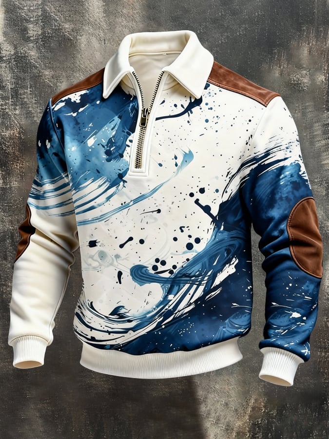 Sudadera retro en bloques de color estampado Color-Blocked con cierre para hombre