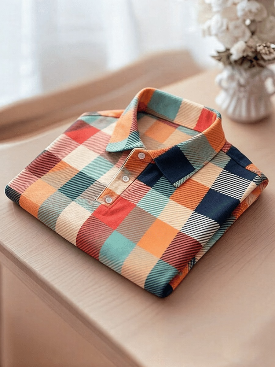 Camisa polo ejecutivo Colorblock a cuadros estampado para hombre
