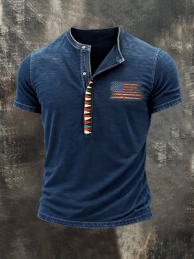 Retro Pure de algodón Washed desgastado Color-Blocked Henley cuello de manga corta Top para hombre