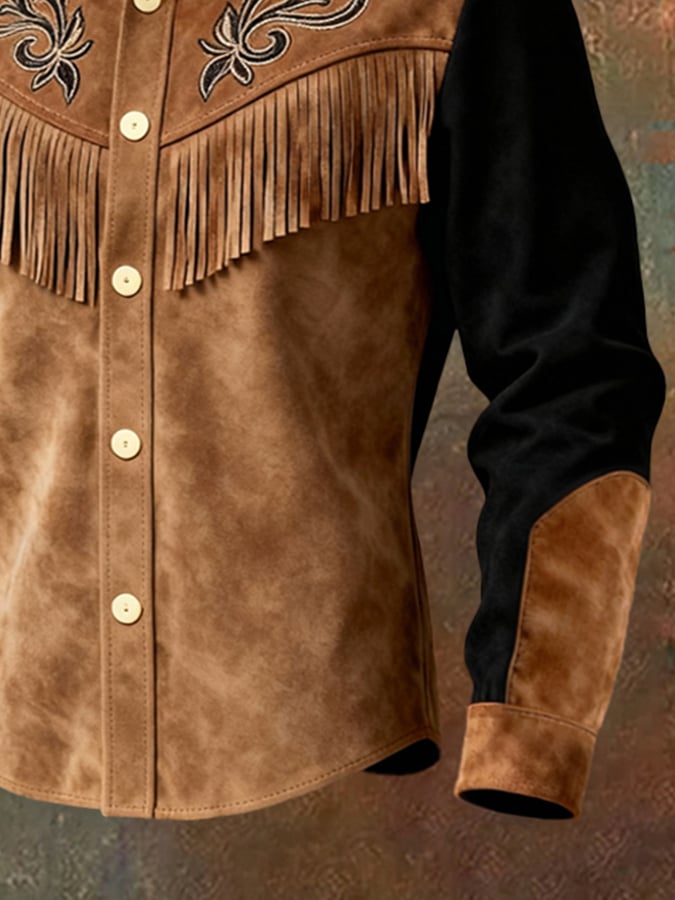 Camisa vintage Patchpara trabajo Color-Block gamuza de manga larga With Tassels para hombre