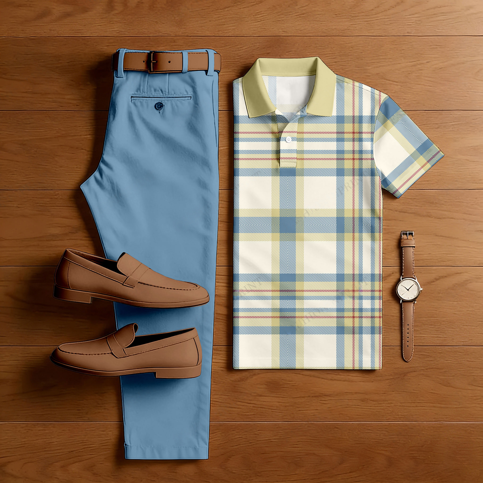 Conjunto de dos piezas casual blue & Green Checkered estampado camisa polo And pantalón para hombre