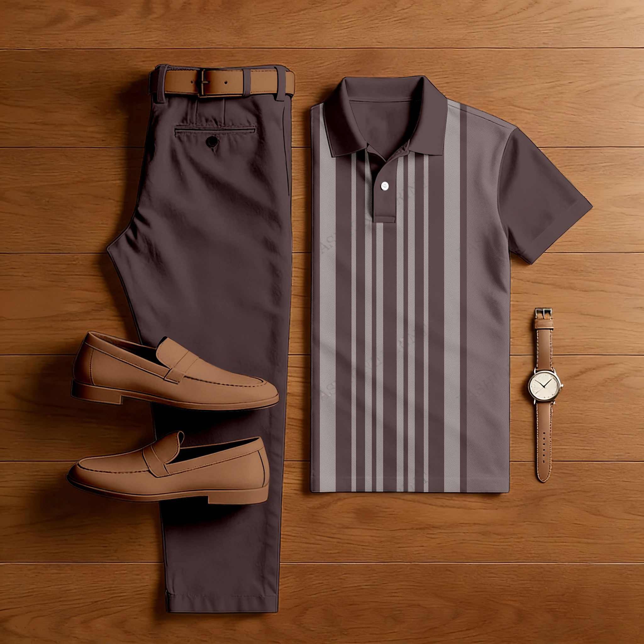 Conjunto de dos piezas casual Red Brown & Gray Color Matching a rayas estampado de manga corta camisa polo & Trousers para hombre