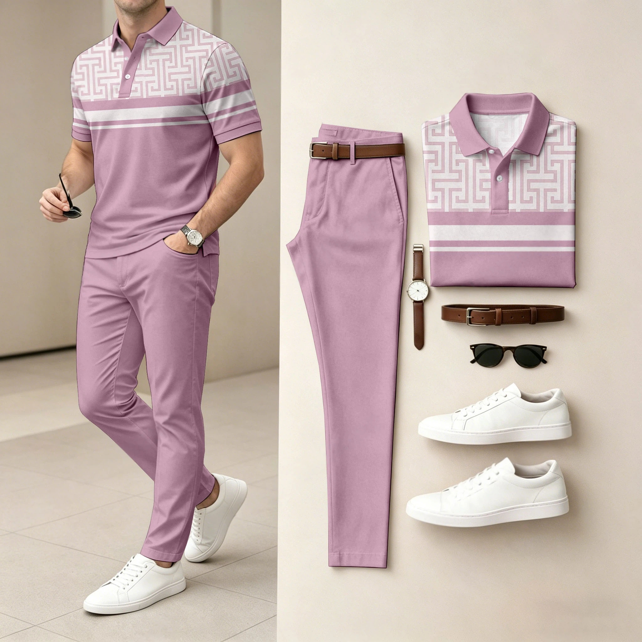 Conjunto de dos piezas casual Maze Line estampado camisa polo And pantalón para hombre