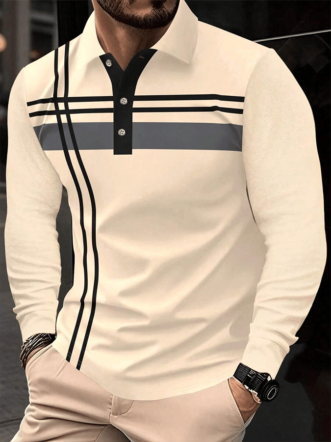 Camisa polo a rayas ejecutivo casual de manga larga para hombre