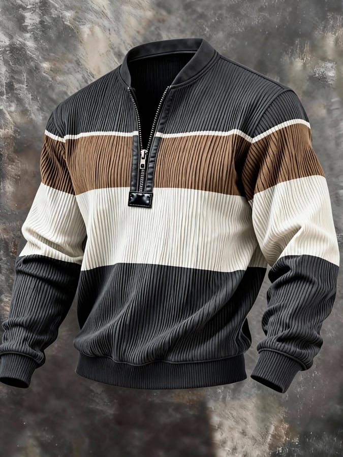 Sudadera casual retro Contrast Color Half Zip Stand cuello de manga larga para hombre
