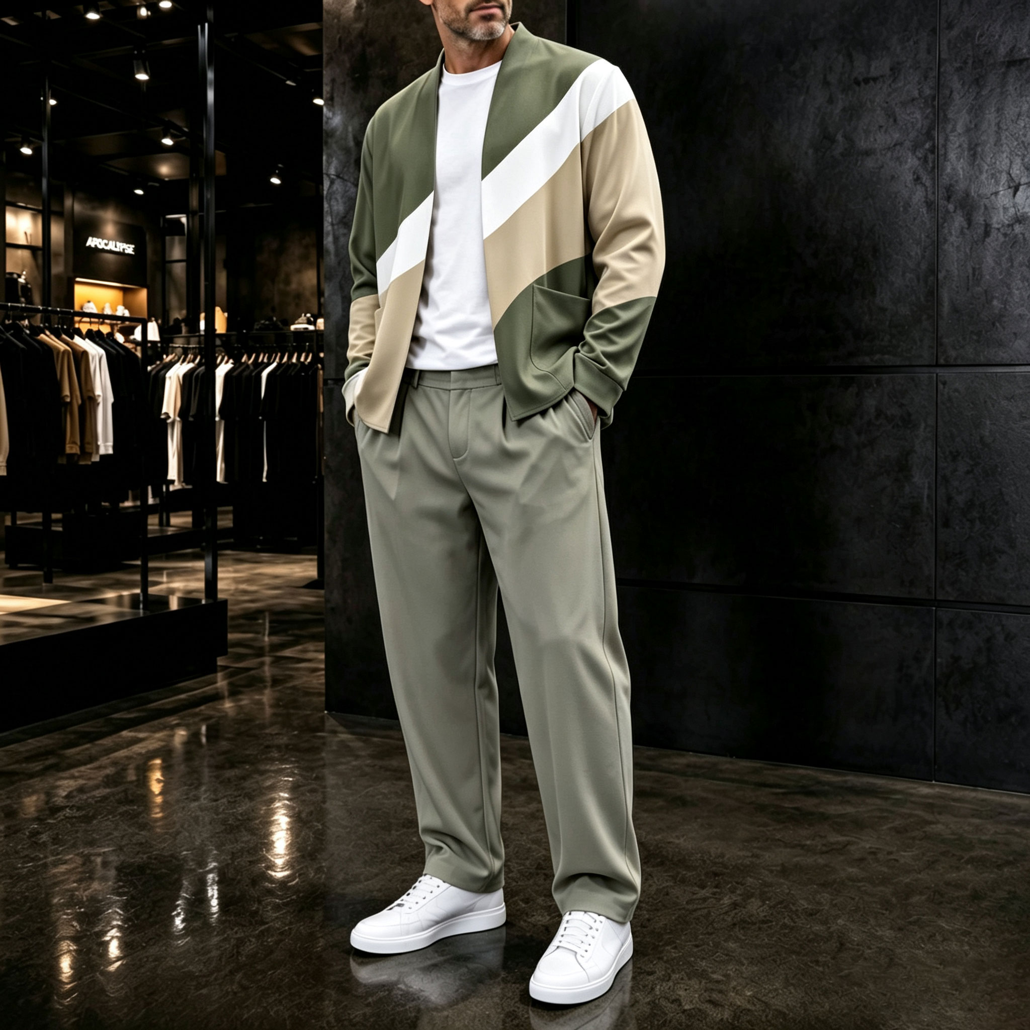para hombre conjunto de dos piezas: Color-Blocked Cardigan and pantalón