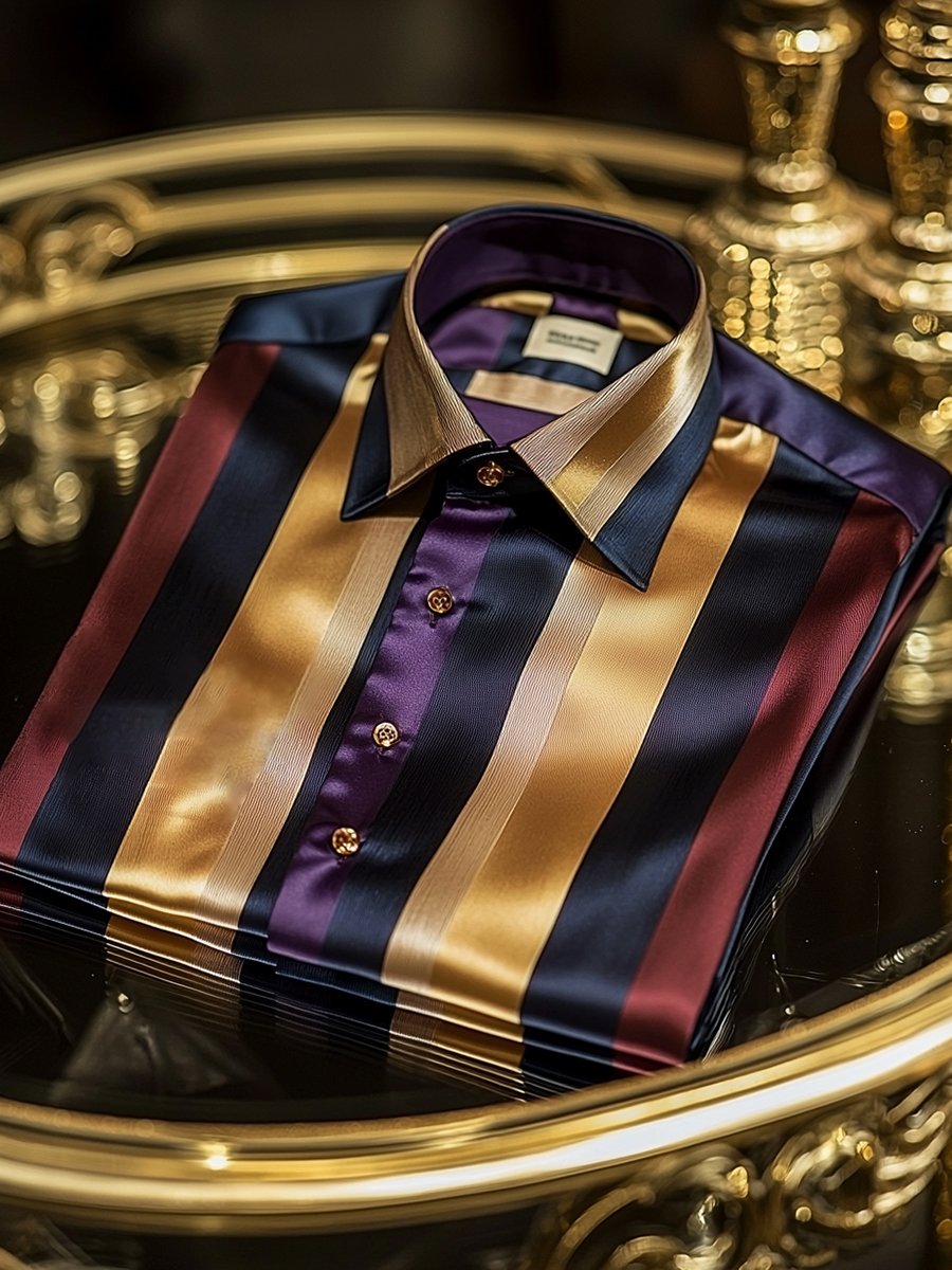 Camisa satén de lujo ejecutivo Charlie Sheen a rayas de manga larga para hombre