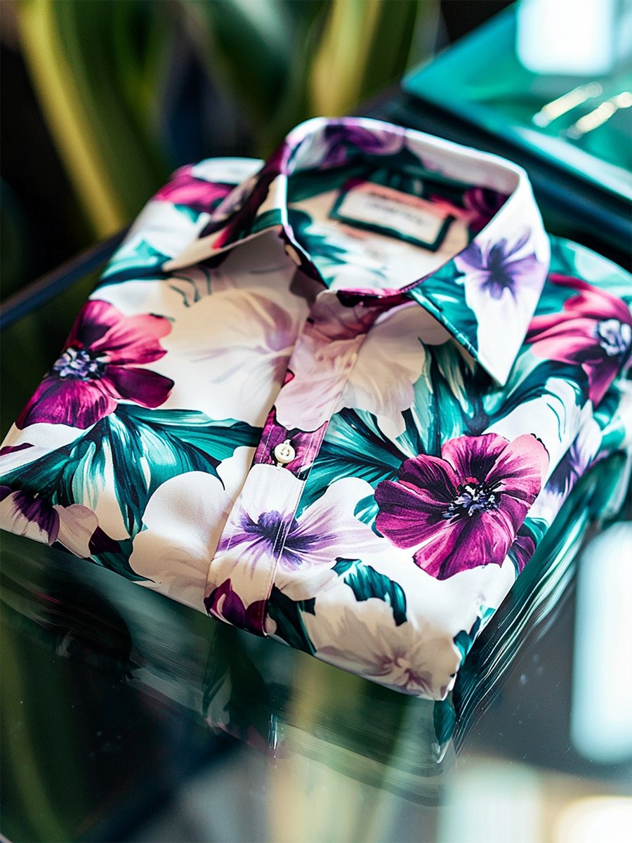 Camisa satén Luxe hawaiano estampado de manga corta Button para hombre