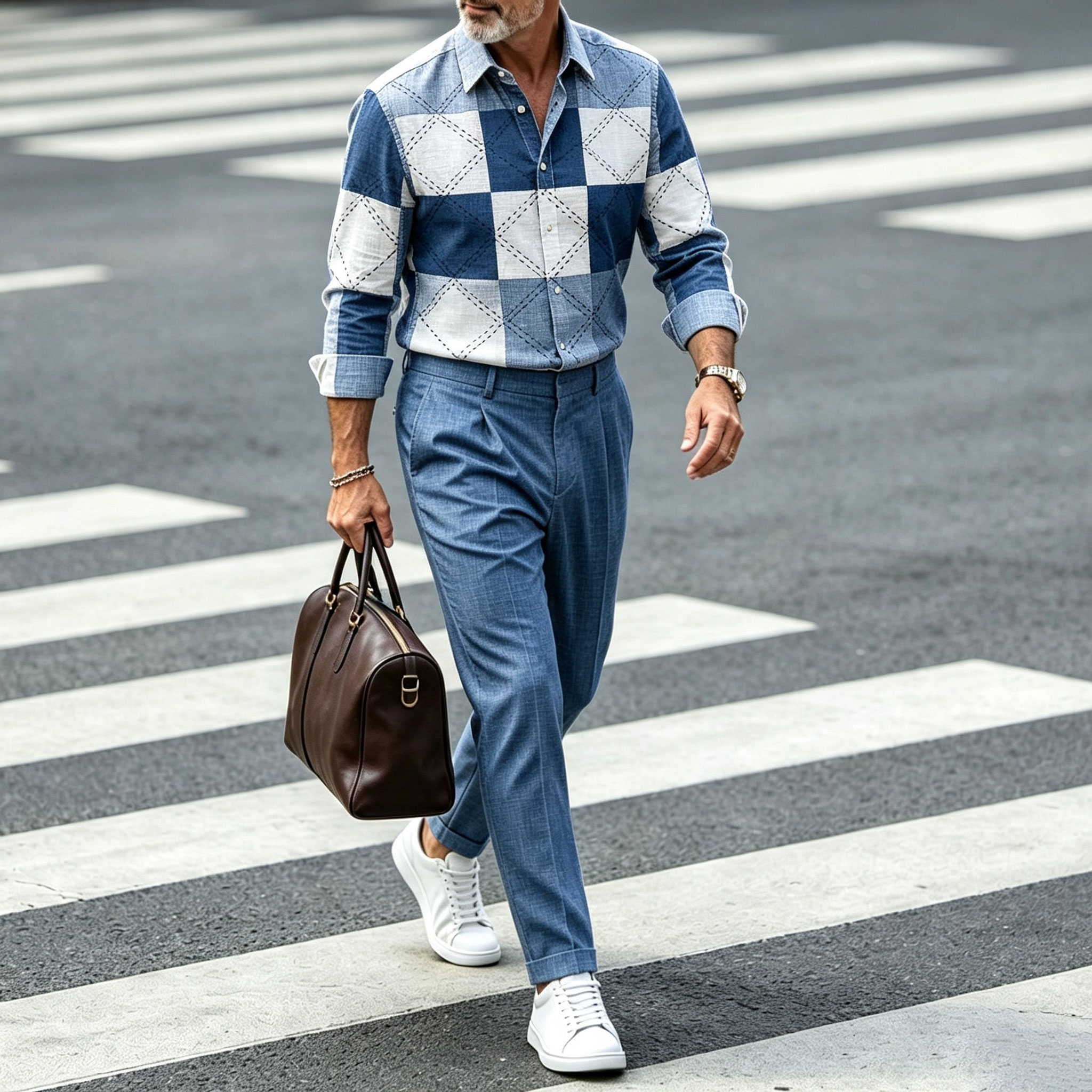 para hombre Checkered Print de manga larga camisa and pantalón Set with a Notched Collar