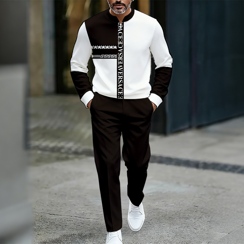 Conjunto de dos piezas casual Color Matching estampado Round-Neck Zipper de manga larga Trousers para hombre