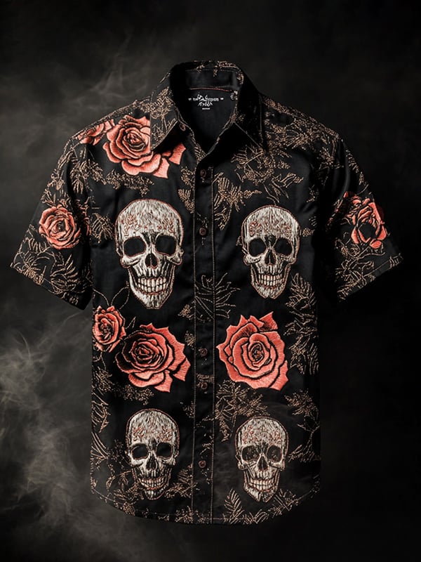 Camisa vintage Skull and floral de manga corta para hombre