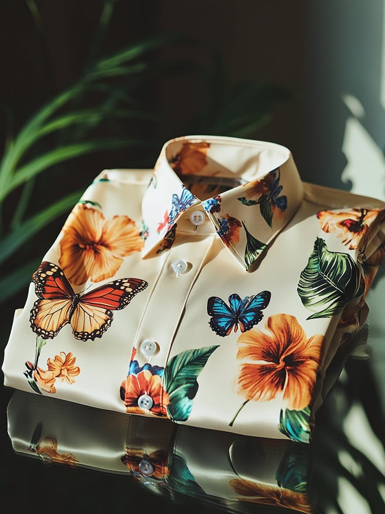 Camisa ejecutivo casual Butterfly floral solapa de manga corta para hombre