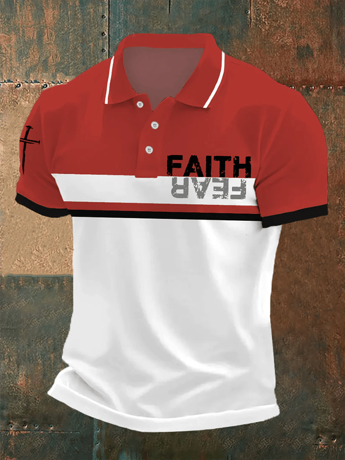 Camisa polo retro Faith “Faith Over Fear�? casual estampado para hombre
