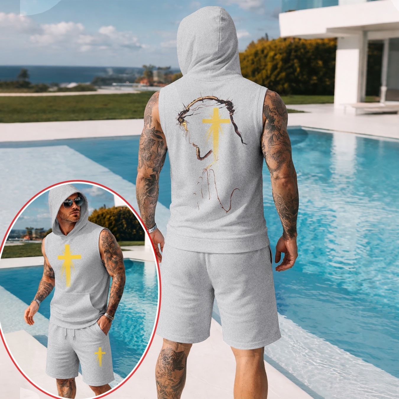 Conjunto de dos piezas Summer – Sleeveless sudadera con capucha & shorts, Faith & Prayer-Inspired Cross Design, casual Regular Fit Summer Outfit, Athletic Streetwear, Lightweight Summer Tracksuit para hombre