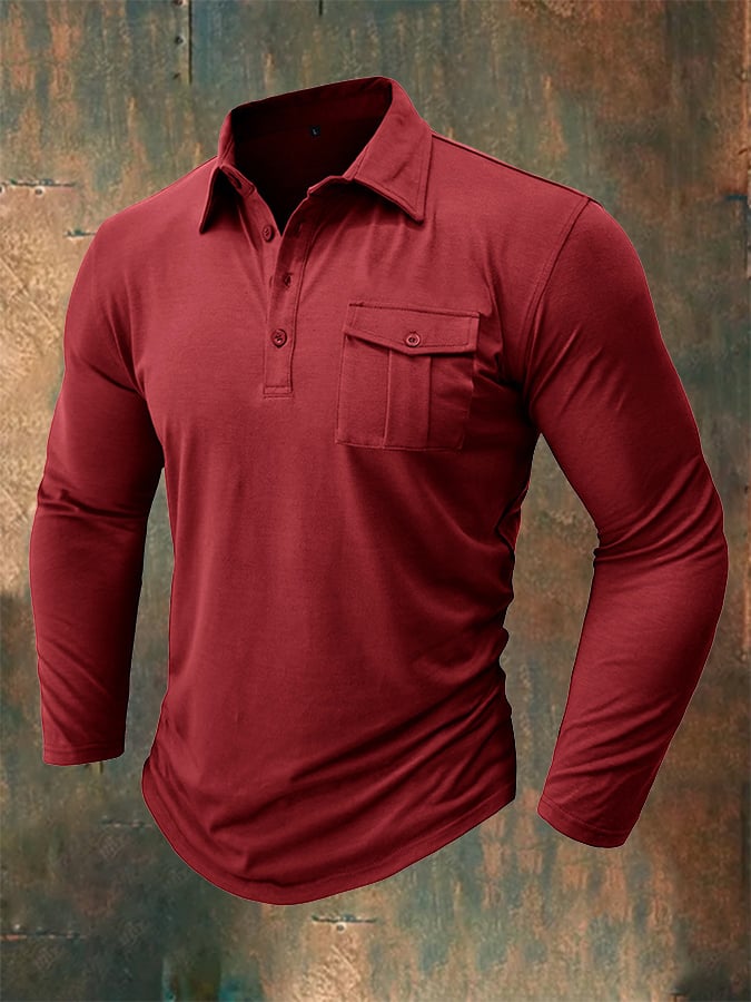 Camisa polo de color sólido de manga larga bolsillo para hombre