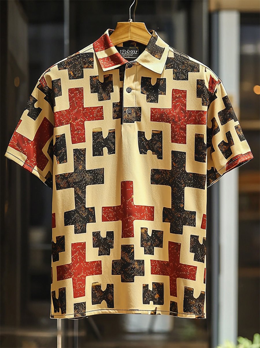 Camisa polo vintage casual Cross Art Button de manga corta para hombre